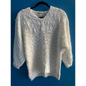 80's Bonnie and Bill White Floral Pearl Embellished V-neck Sweater Size Medium